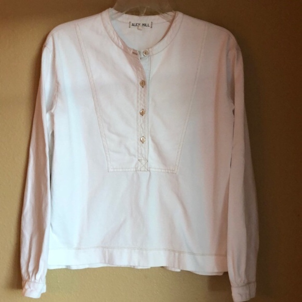 Alex Mill long sleeve top white knit with yoke gold stitching hi-low hemline XS